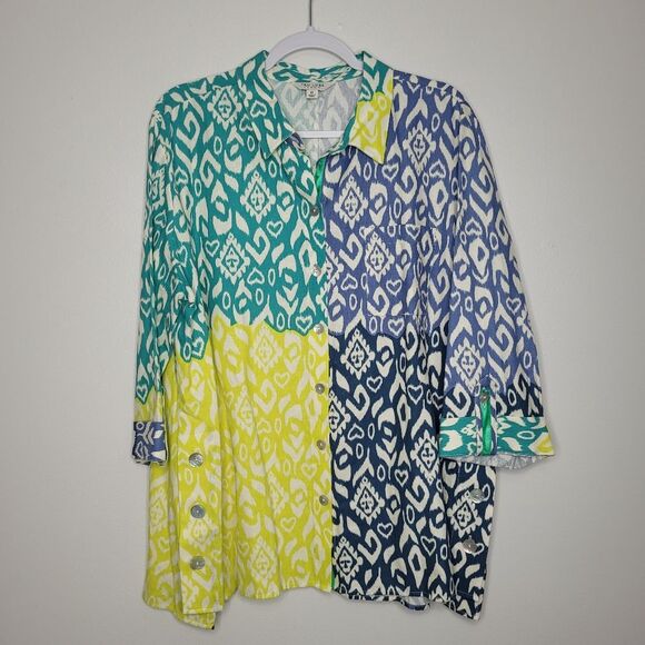 TRU LUXE button front tunic Linen Blend Vacation Bright Casual 3/4 Sleeve Xl - Picture 3 of 9